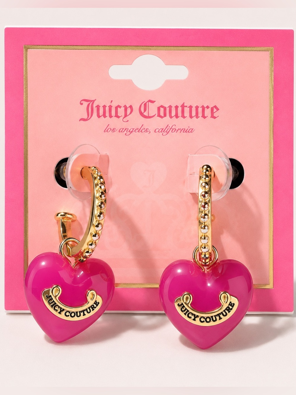 Juicy Couture Puffy Heart Drop Hoop Earrings Pink Resin Gold Tone NWT 🩷